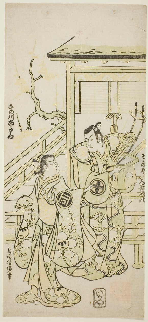 A színészek Otani Oniji I Soga no Goro szerepében és Sanogawa Ichimatsu I. Yoshinaka nővére a "Fuji no Yuki Mitsugi Soga" című darabban, amelyet a Nakamura Színházban mutattak be 1746 első hónapjában. alkotó: Torii Kiyonobu II