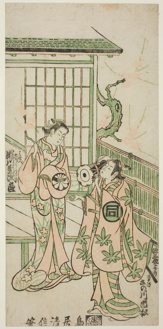 A színészek Sanogawa Ichimatsu I. Minamoto no Yorimasa és Segawa Kikujiro I. Nobutsura felesége, Karumo szerepében a "Shusse Momijigari" című darabban, amelyet az Ichimura Színházban adtak elő 1747 tizenegyedik havában. alkotó: Torii Kiyonobu II