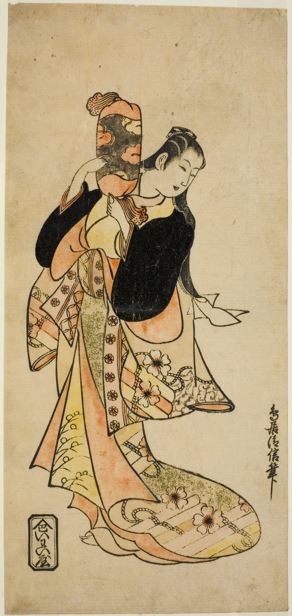 I. Ichikawa Monnosuke színész Oiso no Tora szerepében a "Nigiwai Suehiro Soga" című darabban, amelyet a Morita Színházban mutattak be 1721 első hónapjában (?) alkotó: Torii Kiyonobu I