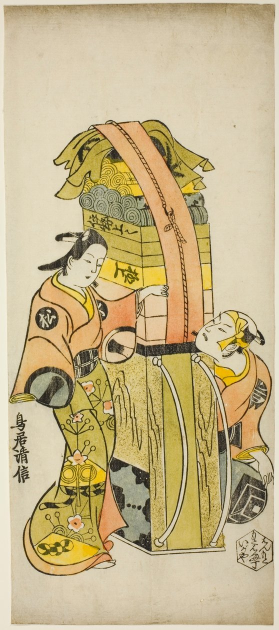 A színészek, Ichikawa Danjuro II Kamada Matahachi és Ichikawa Monnosuke I mint Hisamatsu az "Osome Hisamatsu Shinju Tamoto no Shirashibori" című darabban, amelyet a Morita Színházban mutattak be, 1720 alkotó: Torii Kiyonobu I