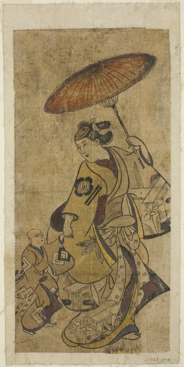 A színészek Matsumoto Hyozo, mint egy esernyőt tartó nő és Nakamura Shichisaburo I, mint fiatal fiú alkotó: Torii Kiyonobu I