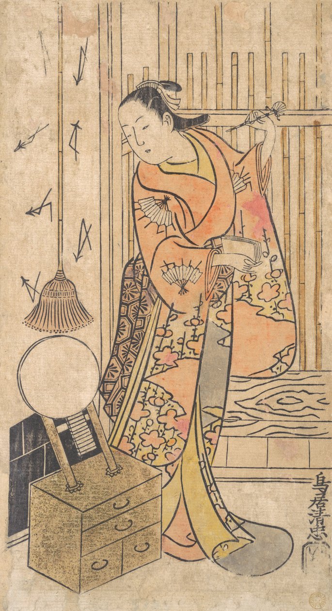 Színész, mint egy tükörállvány mellett álló nő, kb. 1735. alkotó: Torii Kiyotada