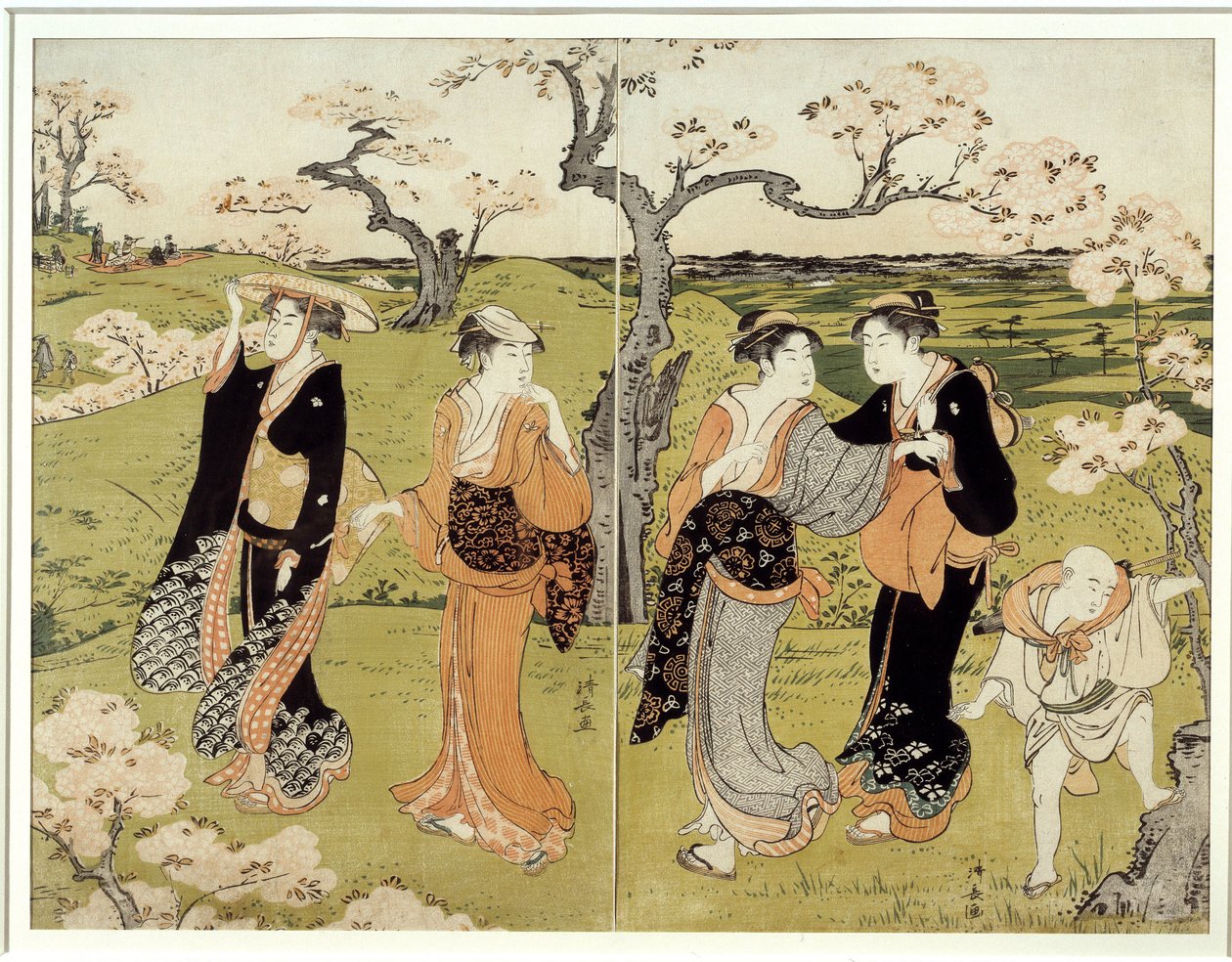 Piknik a cseresznyevirágok alatt Assaakayamában. Japán nyomat Torii Kiyonaga (1752-1815), Ukiyo-E stílusban alkotó: Torii Kuyonaga