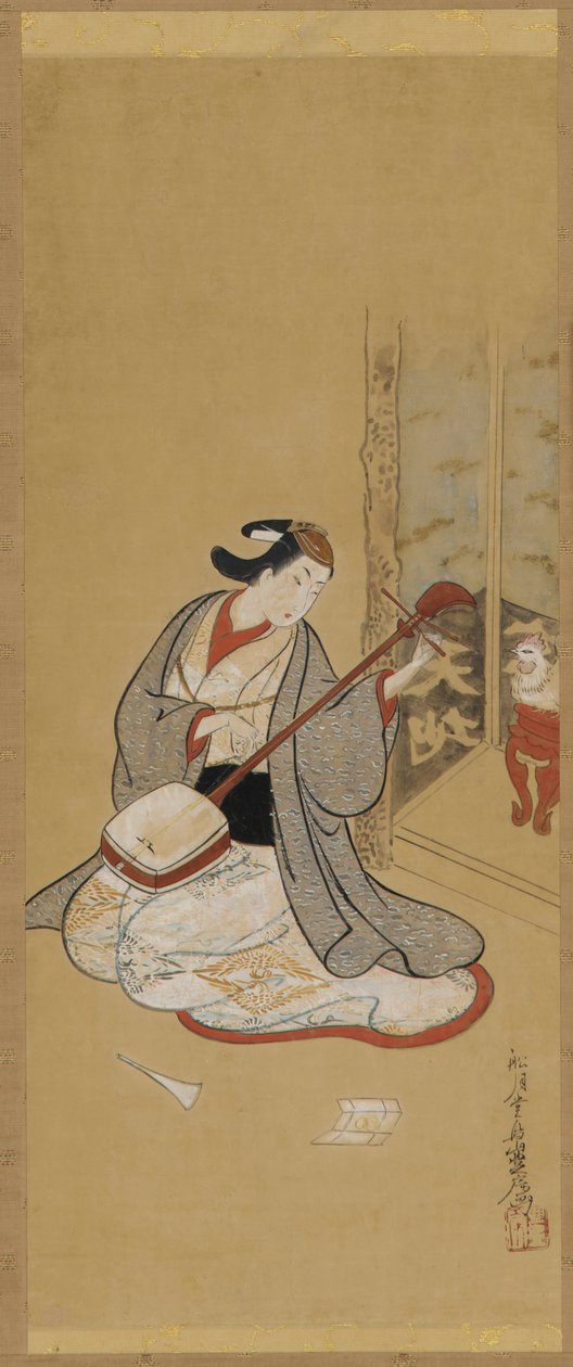 Színész női ruhában, samisenen, Edo-korszakban, 18. század közepe-vége. alkotó: Toriyama Sekien