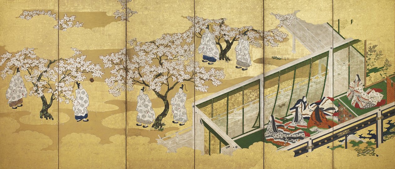 Genji meséje, 34. fejezet; Kashiwagi megpillantja a Harmadik Hercegnő, Edo korszakát (tinta, szín és arany a papíron) alkotó: Tosa Mitsuoki
