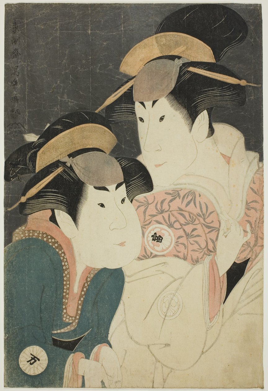 A színészek: Segawa Tomisaburo II (R) mint Yadorigi, Ogishi Kurando felesége, és Nakamura Manyo (L) mint Wakakusa szolga. alkotó: Toshusai Sharaku