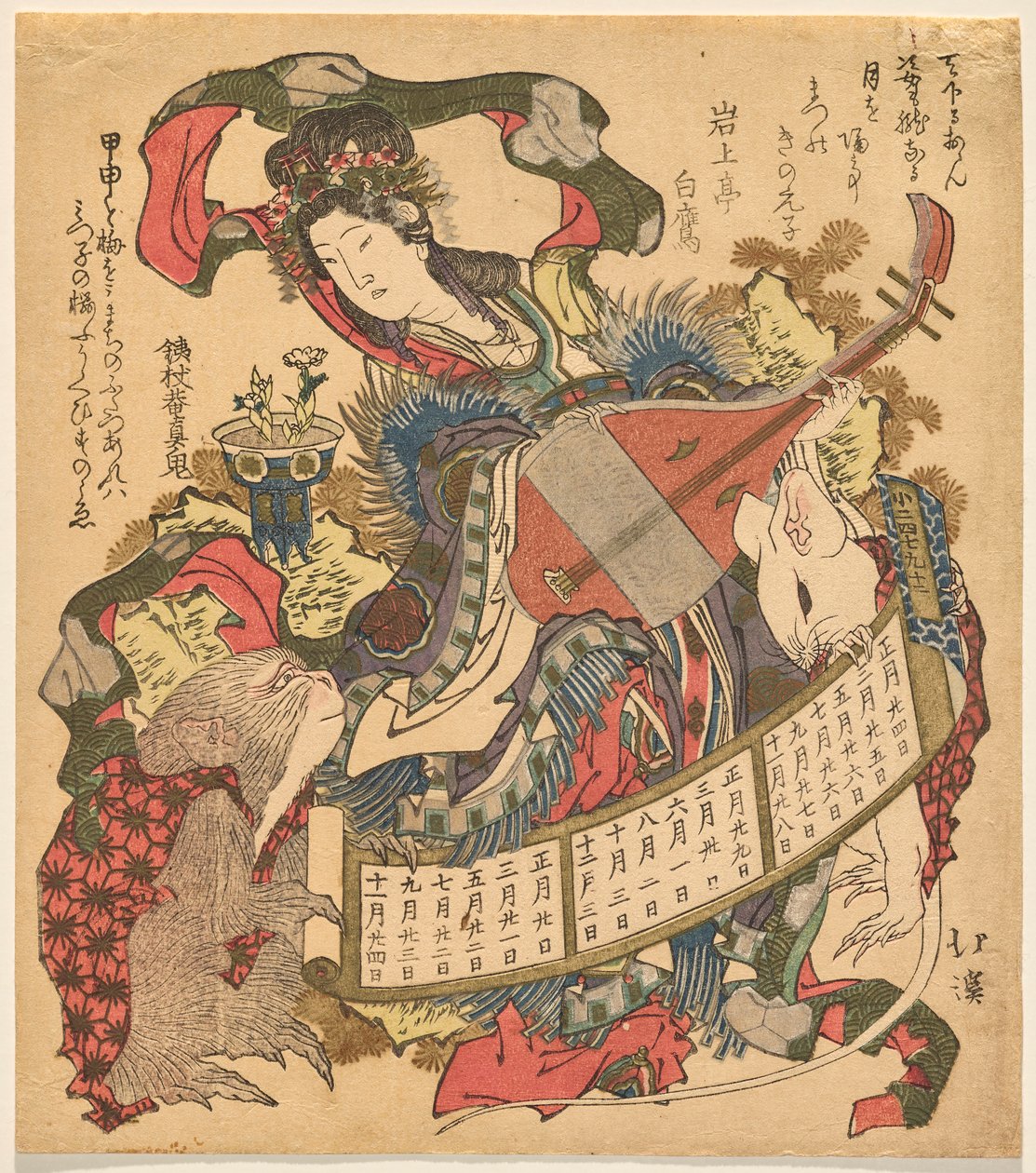 Benzaiten játszik biwa-val majommal és fehér patkánnyal alkotó: Totoya Hokkei