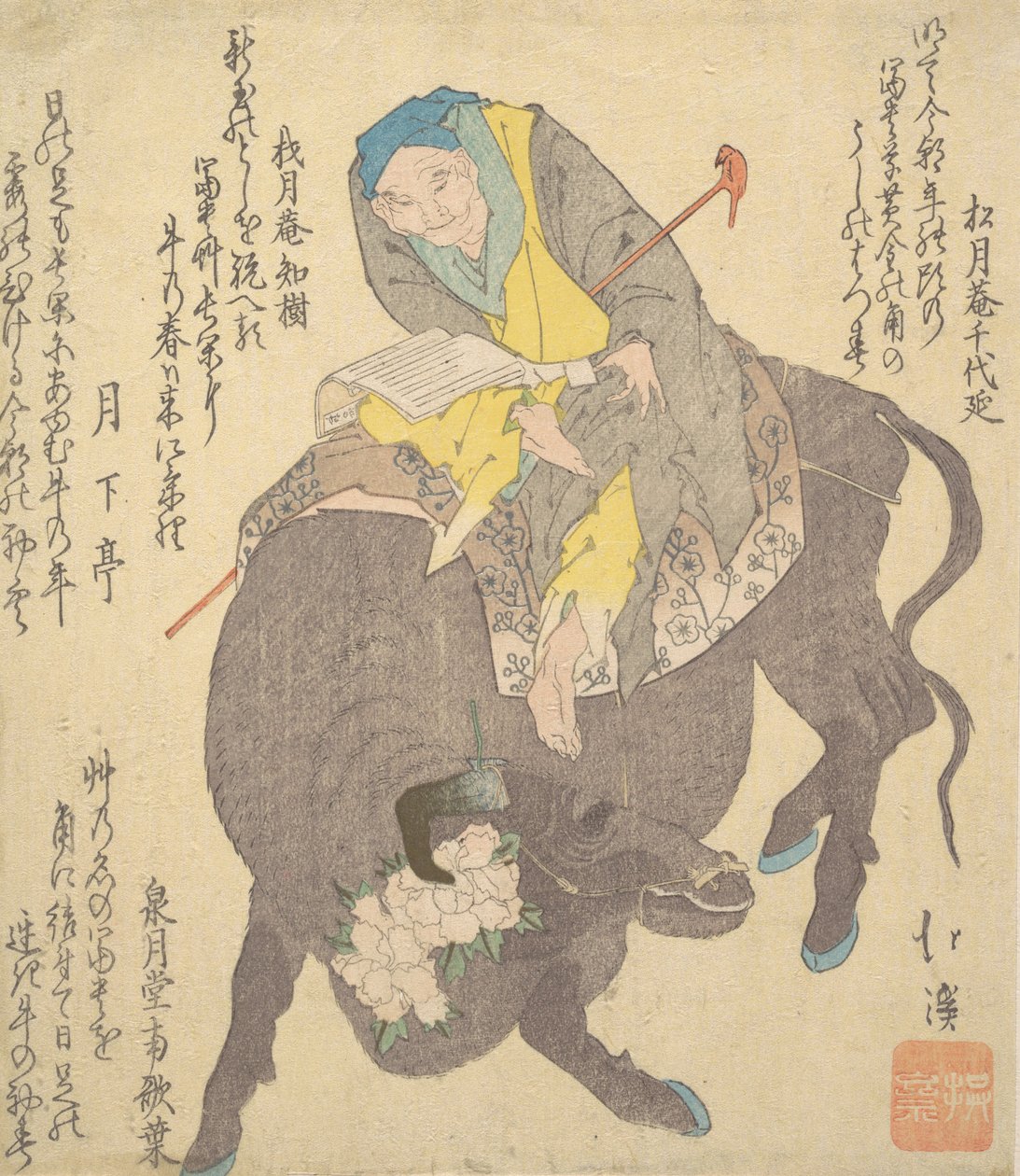 Kínai zsálya olvas lovaglás közben a bivalyon, kb. 1820. alkotó: Totoya Hokkei