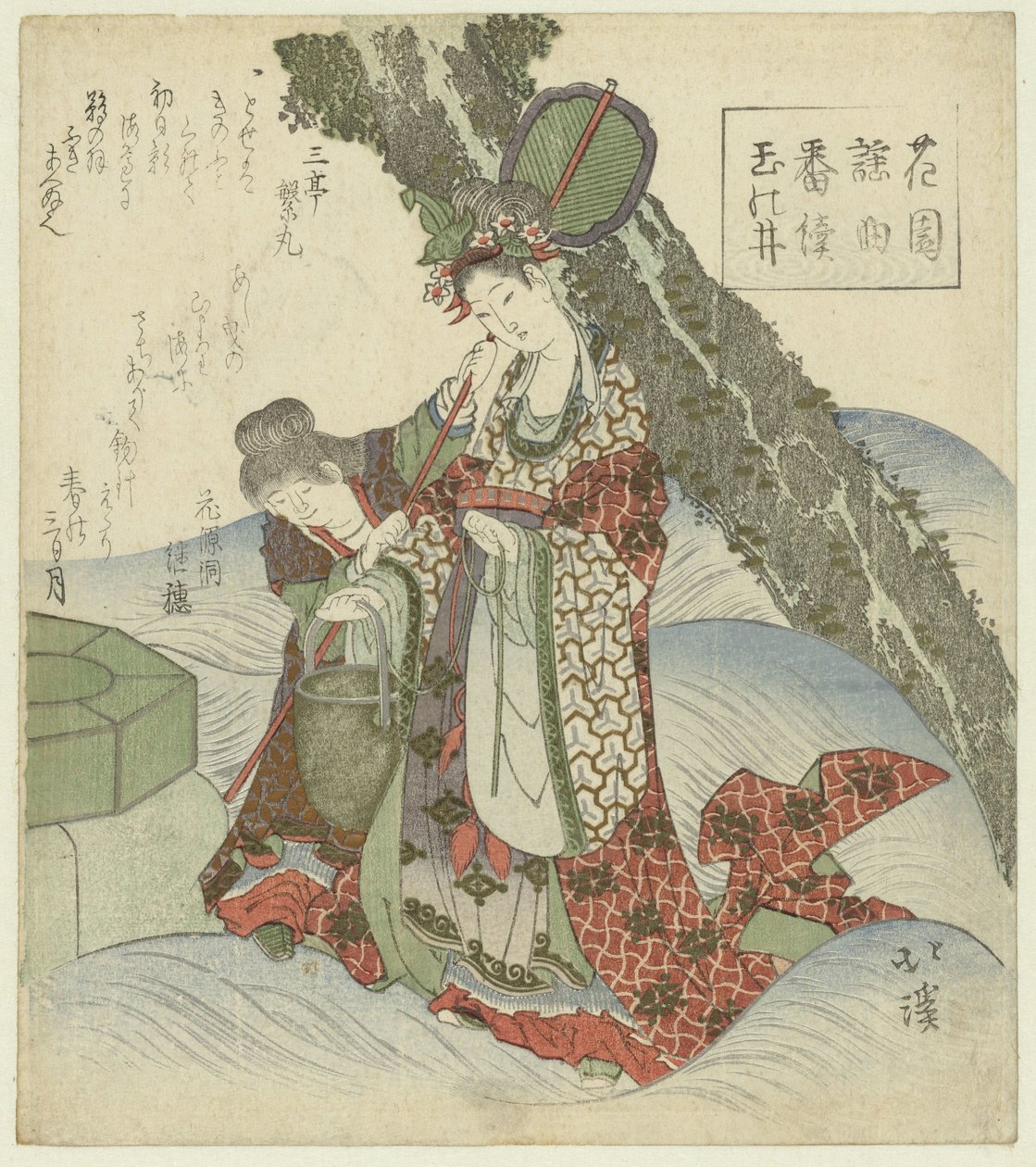 Az ékszer szökőkút Tama no i (cím a tárgyon) Nô dalok sorozata a Hanazono Poetry Society számára (sorozat címe) Hanazono yôkyoku bantsuzuki (sorozat címe az objektumon) alkotó: Totoya Hokkei