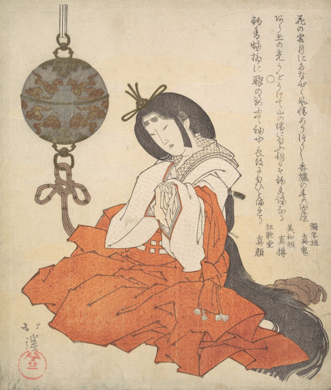 Kanjo udvarhölgy ül, és egy Tsurikoro lóg a feje közelében, kb. 1825. alkotó: Totoya Hokkei