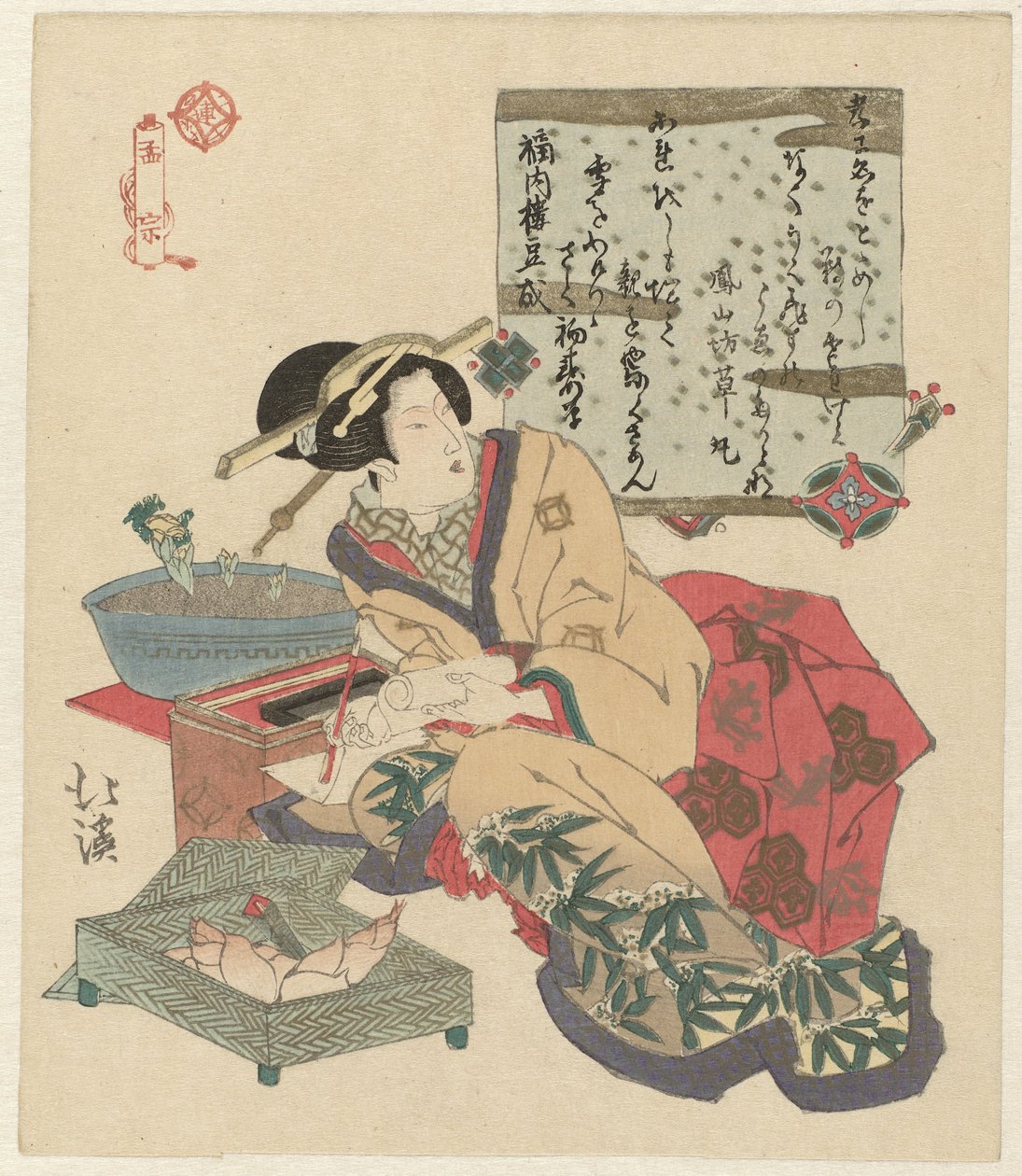 A nő levelet ír Môsô (cím a tárgyon) alkotó: Totoya Hokkei