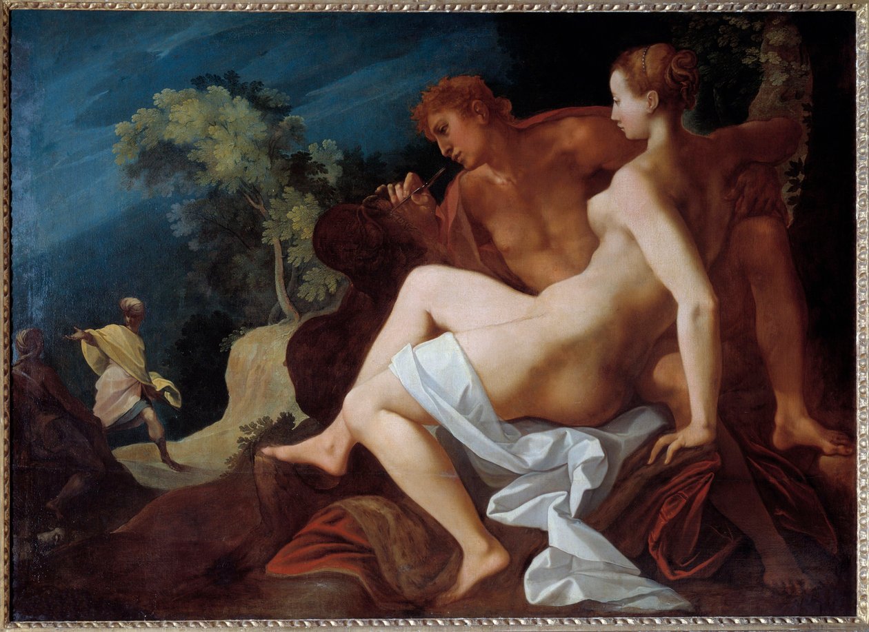 Angelique et Medor Illusztráció a „” Le Roland Furieux” (Orlando Furioso) számára, Ludovic Ariosto (Arioste) Medor (Medoro) képviselője Angelique (Angelica) nevével, akivel most csatlakozott, a sziklára - Az alján , Roland érkezik, co alkotó: Toussaint Dubreuil