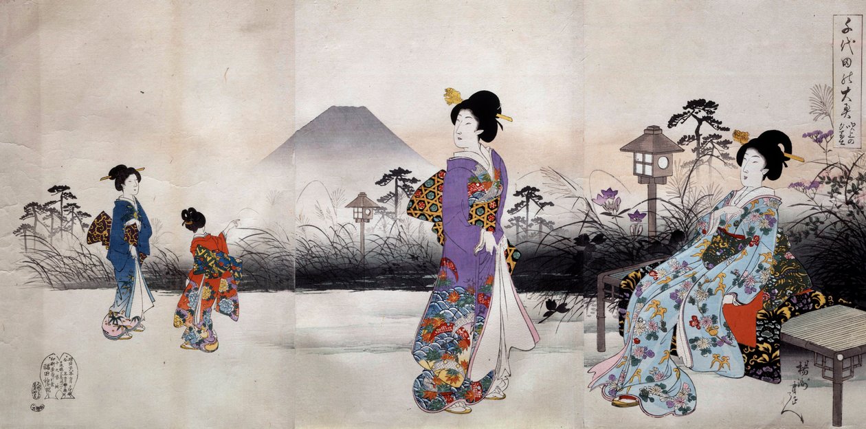 Japán nők sétálnak a Fuji-hegy előtt Toyohara Chikanobu (1838-1912) japán nyomatai 1896 Magángyűjtemény alkotó: Toyohara Chikanobu