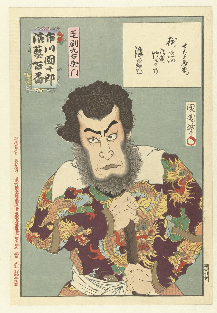 Ichikawa Danjuro IX mint Kezori Kyuemon Kezori Kyuemon (cím az objektumon) Honderd rollen van Ichikawa Danjuro IX (sorozat címe) Ichikawa Danjuro engei hyakuban (sorozat címe az objektumon) alkotó: Toyohara Kunichika
