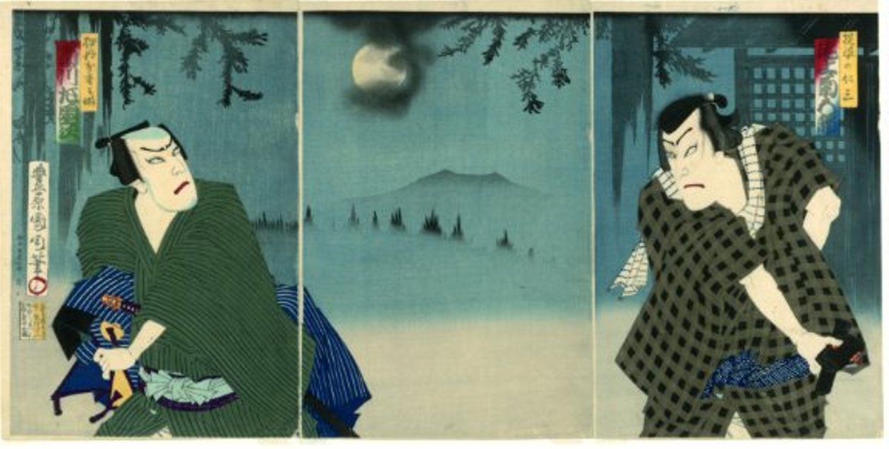 Onoe Kikugorō V mint Daiba no Jinzō és Ichikawa Sadanji I mint Itamiya Jubei alkotó: Toyohara Kunichika