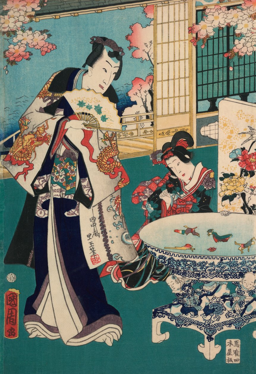 Tavaszi kiruccanás egy villadiptichonban: Férfi a belső térben alkotó: Toyohara Kunichika