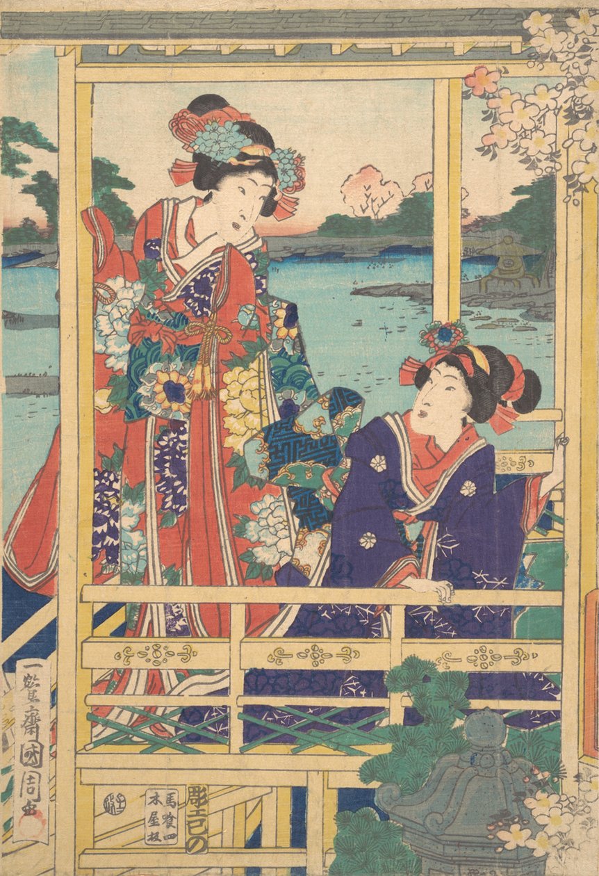 Két szépség a tavaszi kertben egy tóval, kb. 2. hónap, 1864. alkotó: Toyohara Kunichika