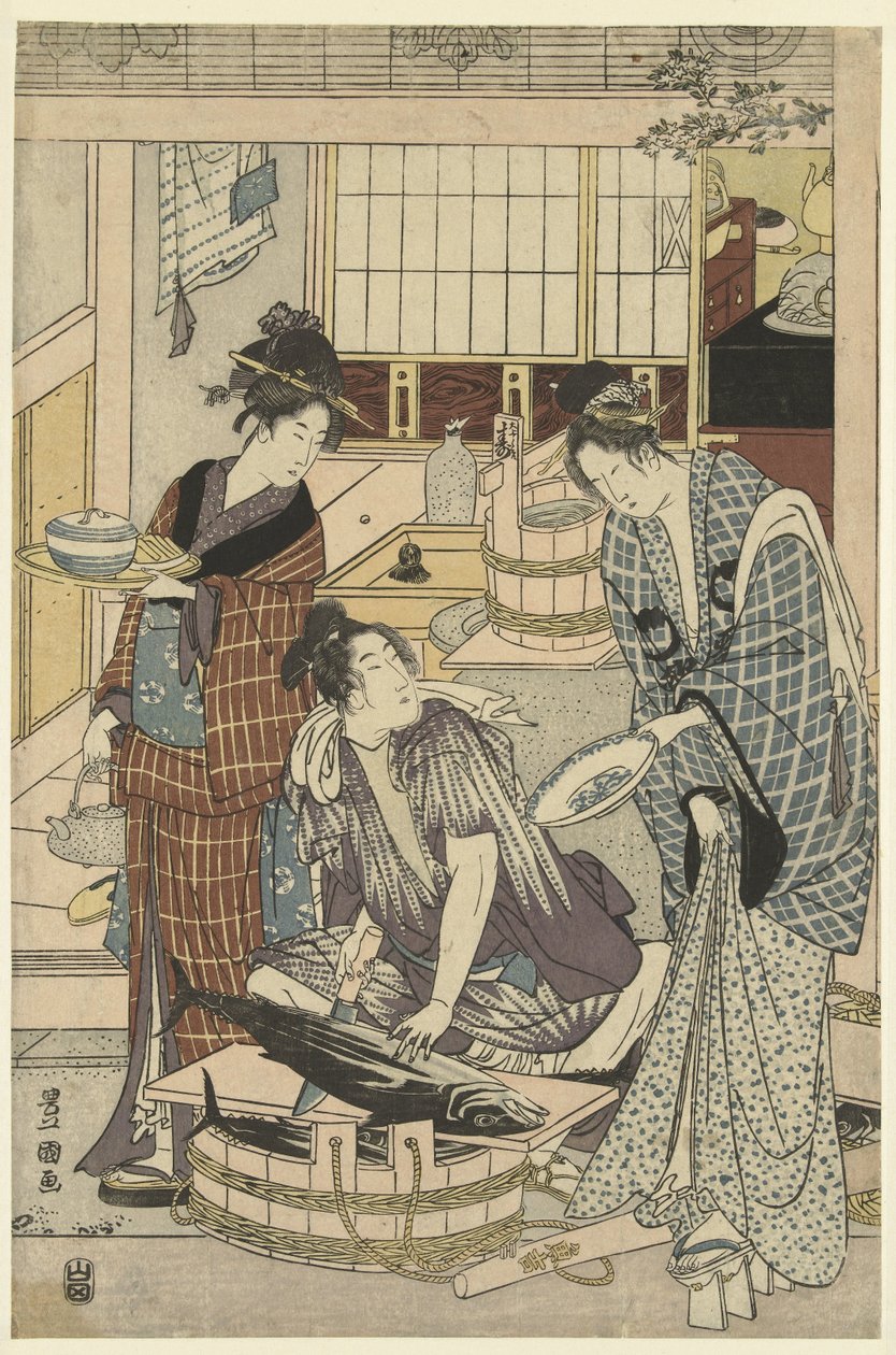 halárus A negyedik hónap, egy triptichon Yongatsu, sanbukutsui (cím a tárgyon) A tizenkét hónap, Toyohiro és Toyokuni (sorozat címe) Toyohiro Toyokuni ryoga juniko (sorozat címe a tárgyon) alkotó: Toyokuni (II) , Utagawa
