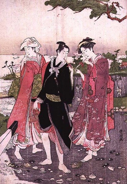 Két lány és egy fiatal a tengerparton, kocsmában. 1780 körül alkotó: Utagawa Toyokuni
