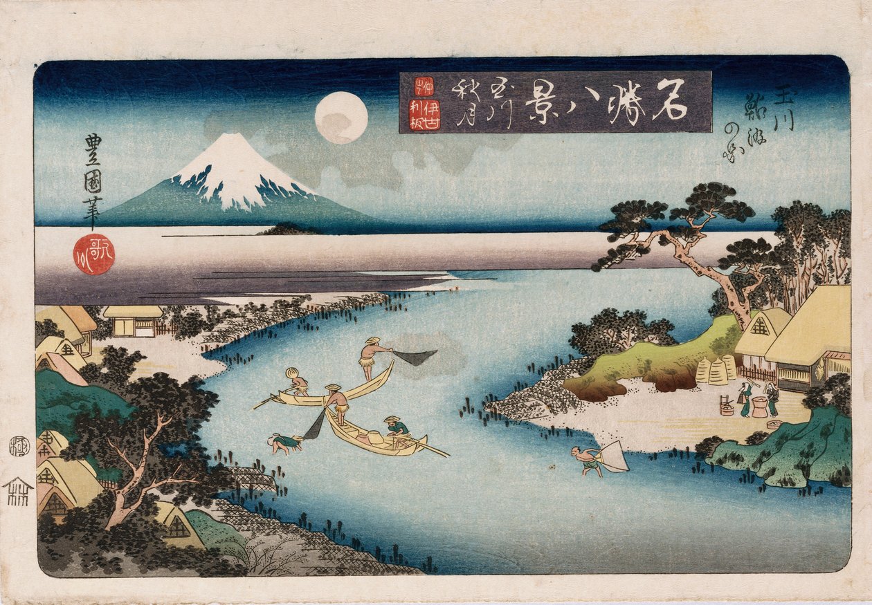 Autumn Moon, Tama River", a "Nyolc kilátás a híres helyekről" sorozatból alkotó: Toyokuni II