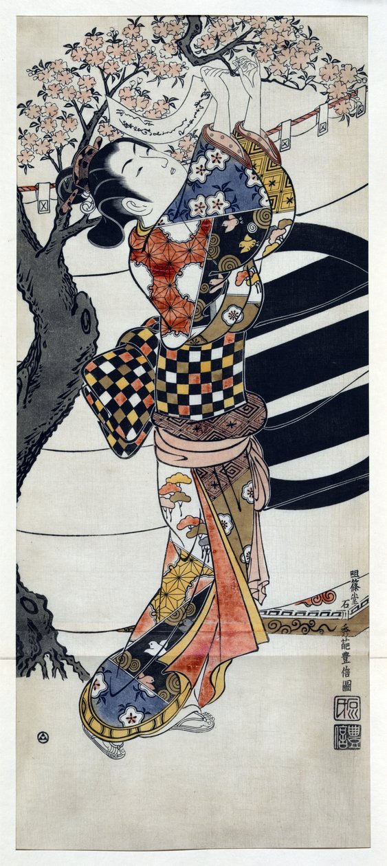 Japanese woman wearing a kimono hanging poems in a blossoming cherry tree, japanese woodcut by Ishikawa Toyonobu (1711-1785) c. 1741 alkotó: Toyonobu Ishikawa
