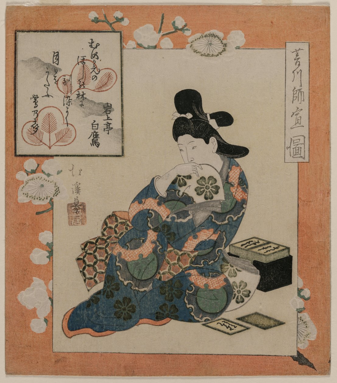 Hishikawa Moronobu képe: Nő verses kártyákkal, 1820-as évek közepe. alkotó: Toyota Hokkei