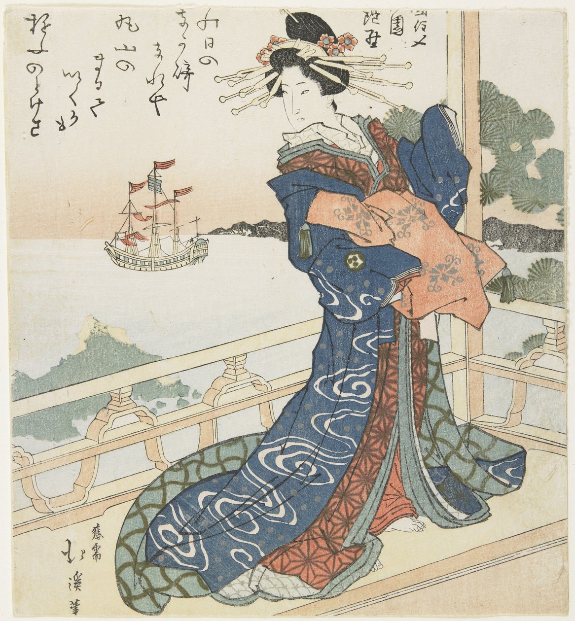 Az udvarhölgy külföldi hajóra néz, 1818-1844 alkotó: Toyota Hokkei