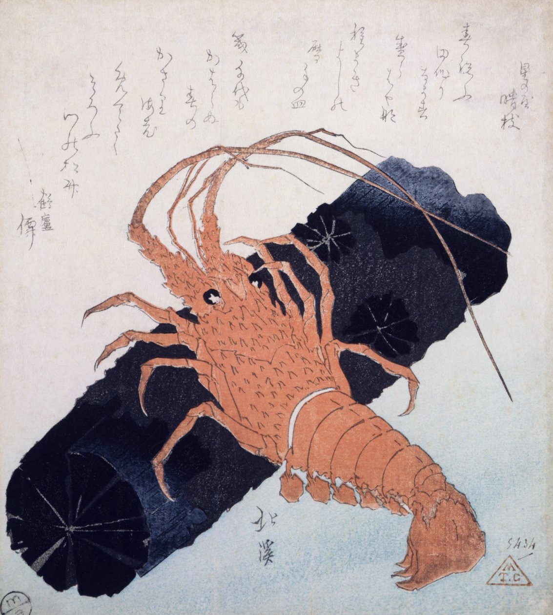Langoustine faszéntömbbel, 1830 körül (színes fatömbnyomat) alkotó: Toyota Hokkei