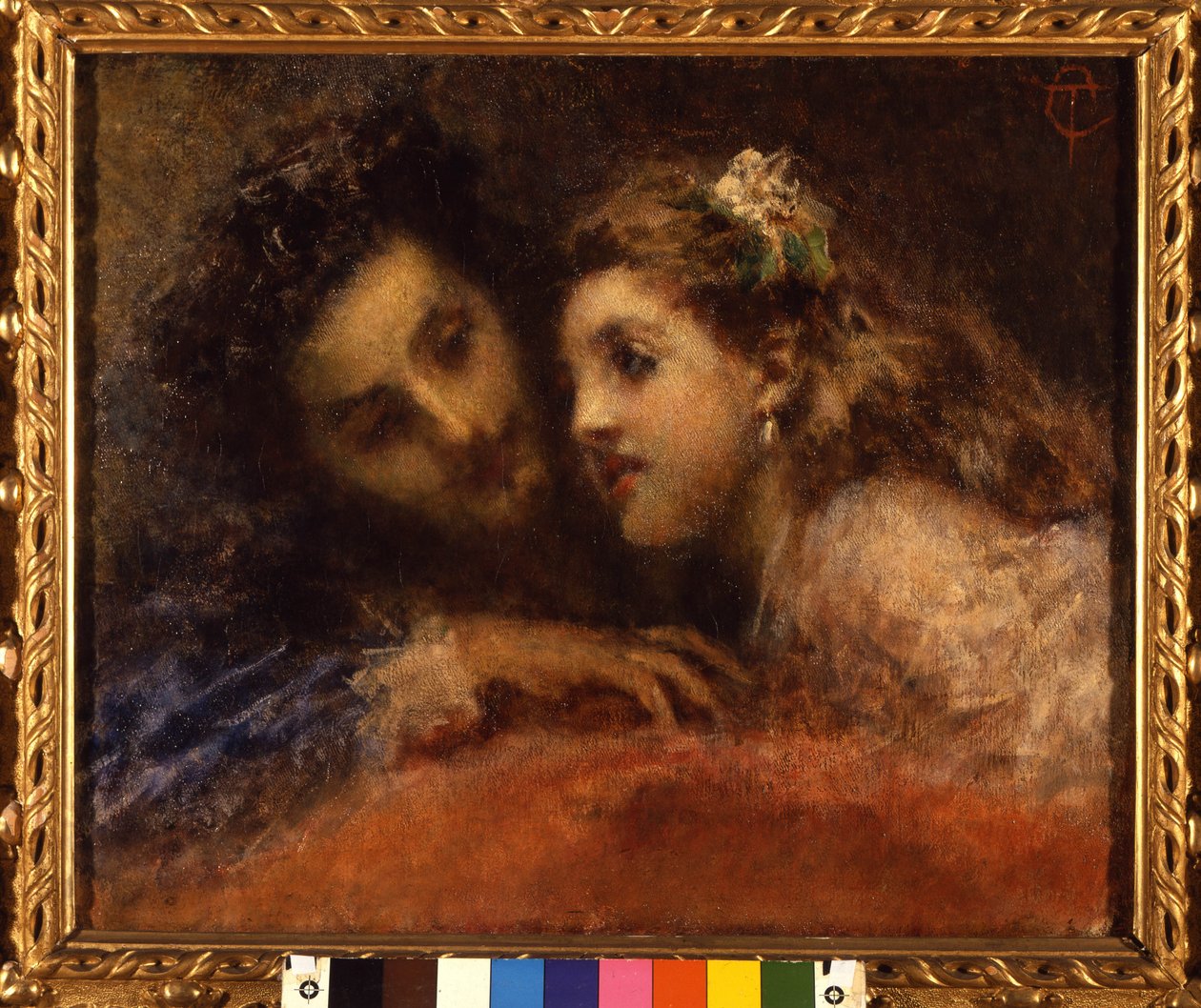 Attrazione (Vonzás), a férfi cinkos és megnyugtató módon hajlik a gyerek felé. Valószínűleg apa és lánya (szóbeszéd). Tranquillo Cremona (1837-1878) festménye, Galleria d