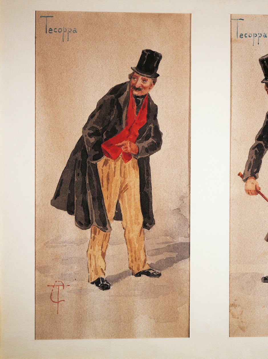 Tecoppa karakterét Edoardo Ferravilla milánói színész készítette 1874-ben, akvarellt Tranquillo Cremona alkotó: Tranquillo Cremona