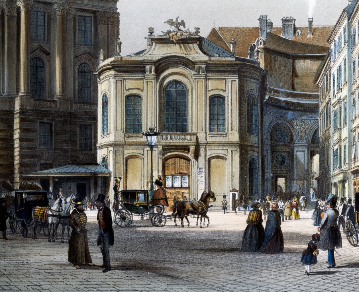 Burgtheater Bécsben Michaelerplatz Winterreitschule (téli lovasiskola) a jobb oldalon, Tranquillo Mollo (1767-1837), színes metszet, Ausztria alkotó: Tranquillo Mollo