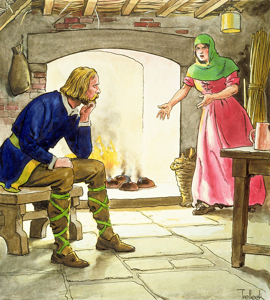 Alfréd király (849-99) sütemények égetése, a „Kukucskál a múltba” c. 1900 körül alkotó: Trelleek