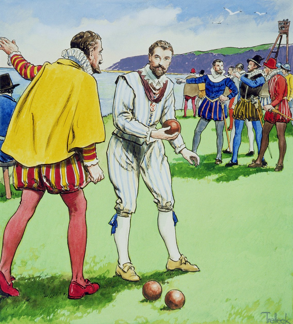 Sir Francis Drake (15403-96) tálakat játszik, a „Kukucskál a múltba”, 1900 körül megjelent alkotó: Trelleek