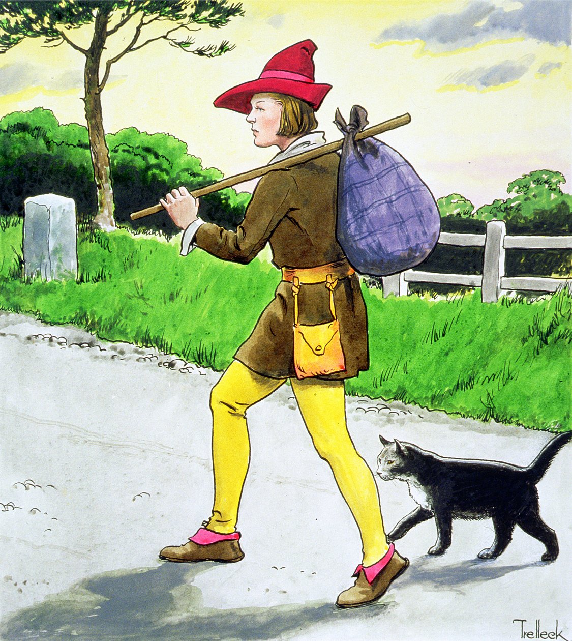 Dick Whittington (1358-1423) és macskája a „Kukucskál a múltba” című könyvből, 1900 körül megjelent alkotó: Trelleek