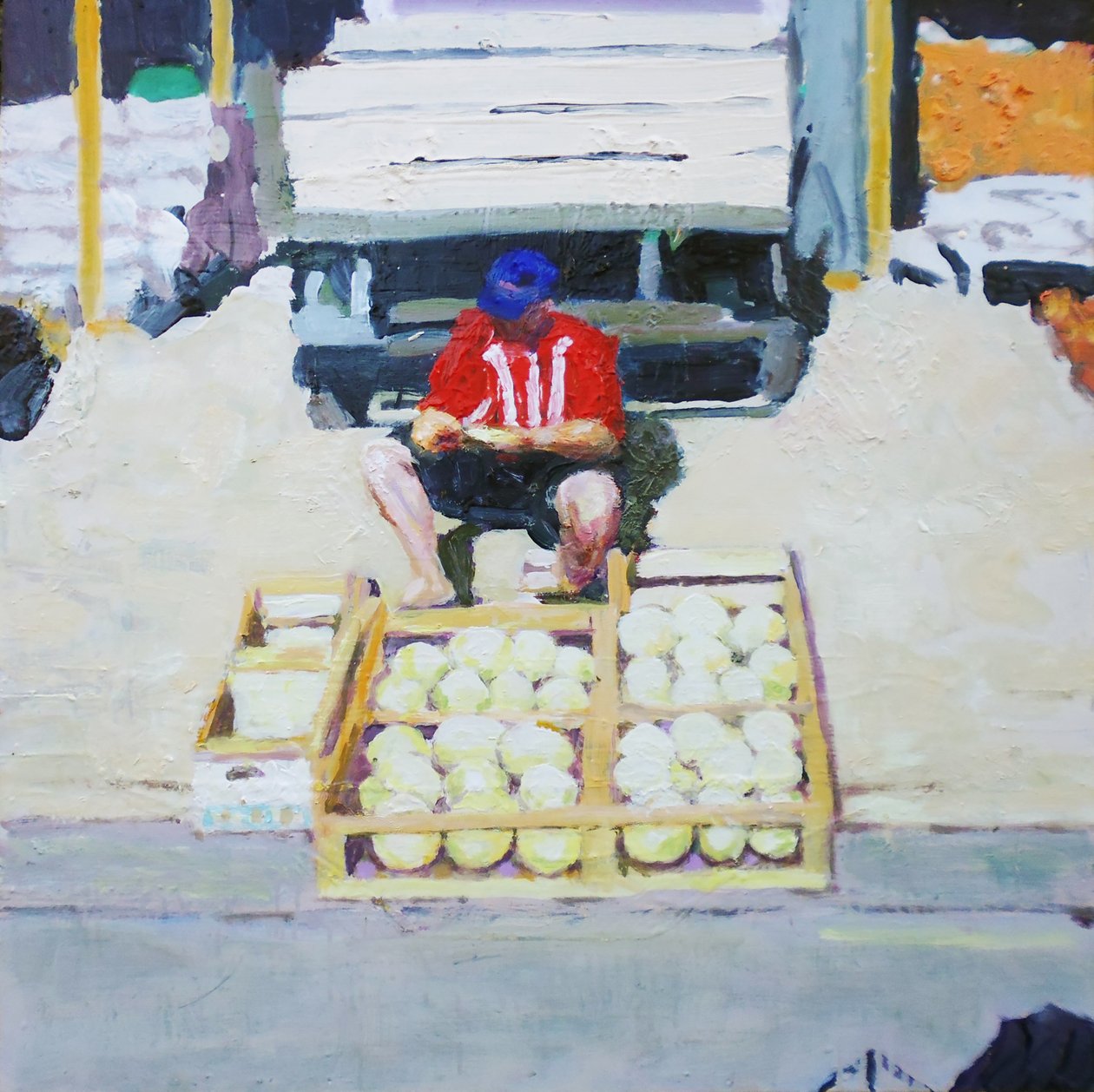 Dinnyét áruló férfi (San Juan, Argentína), 2014 (olaj, tábla) alkotó: Trevor Burgess