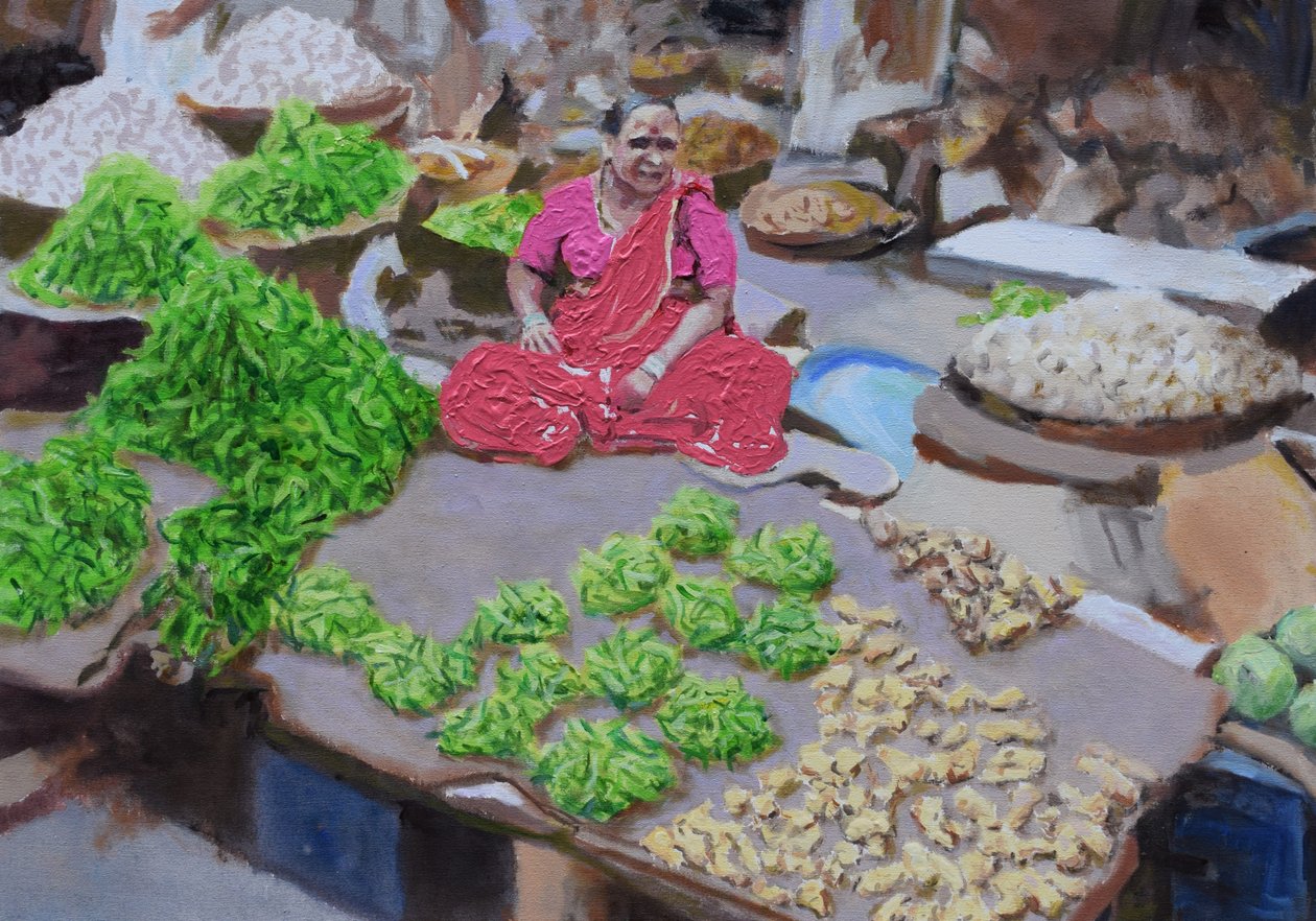 Chili és gyömbér árusítása (Thane, Mumbai), 2016 (olaj, vászon) alkotó: Trevor Burgess