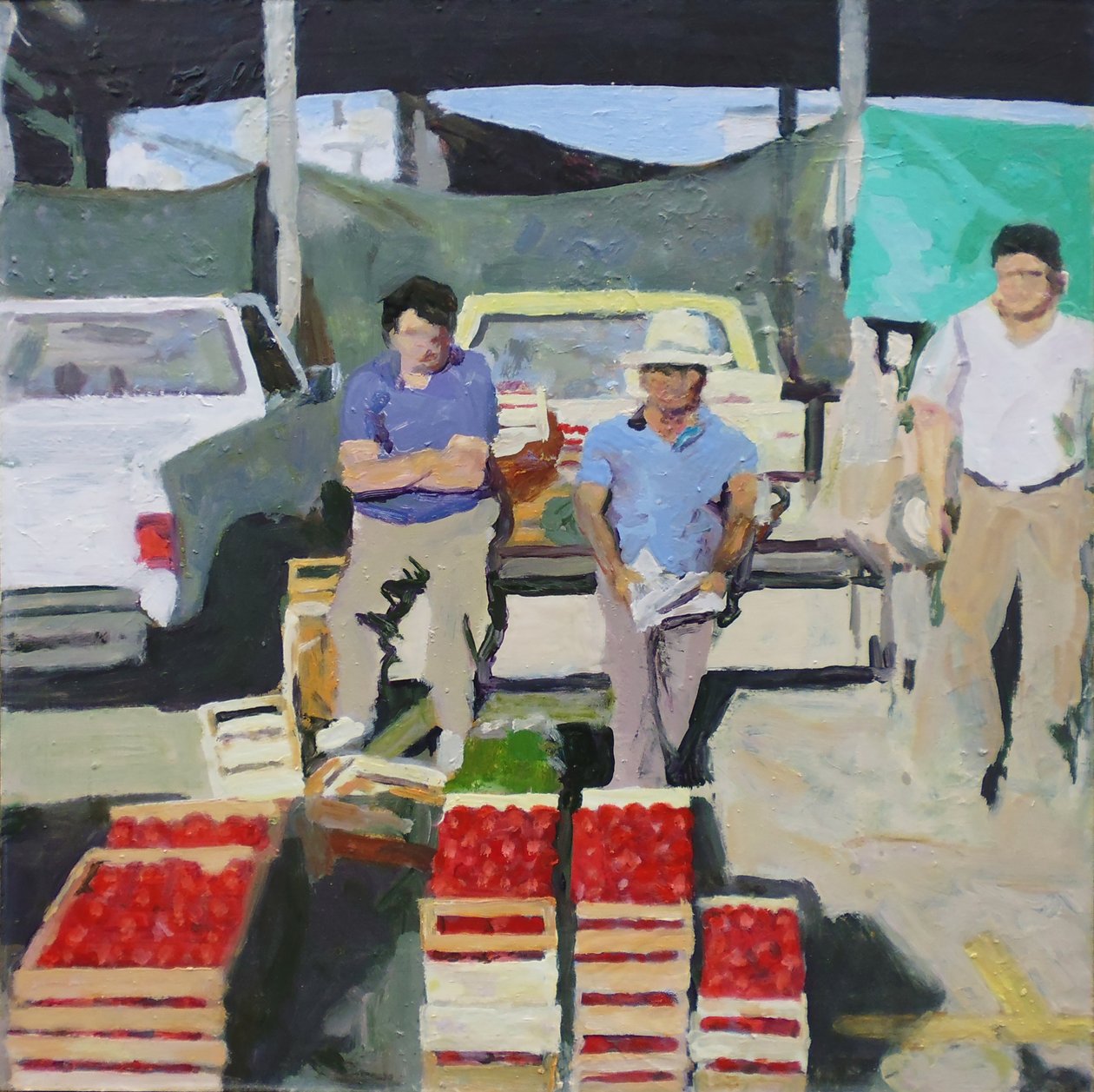 Három férfi paradicsomot árul (San Juan, Argentína), 2014 (olaj, tábla) alkotó: Trevor Burgess