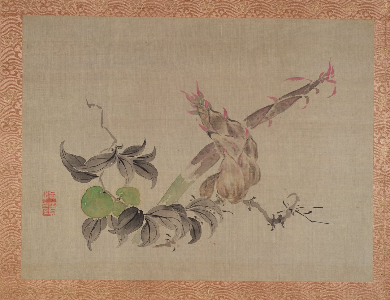 Alma és virágzó növény, 1851 (akvarell, selyem) alkotó: Tsubaki Chinzan