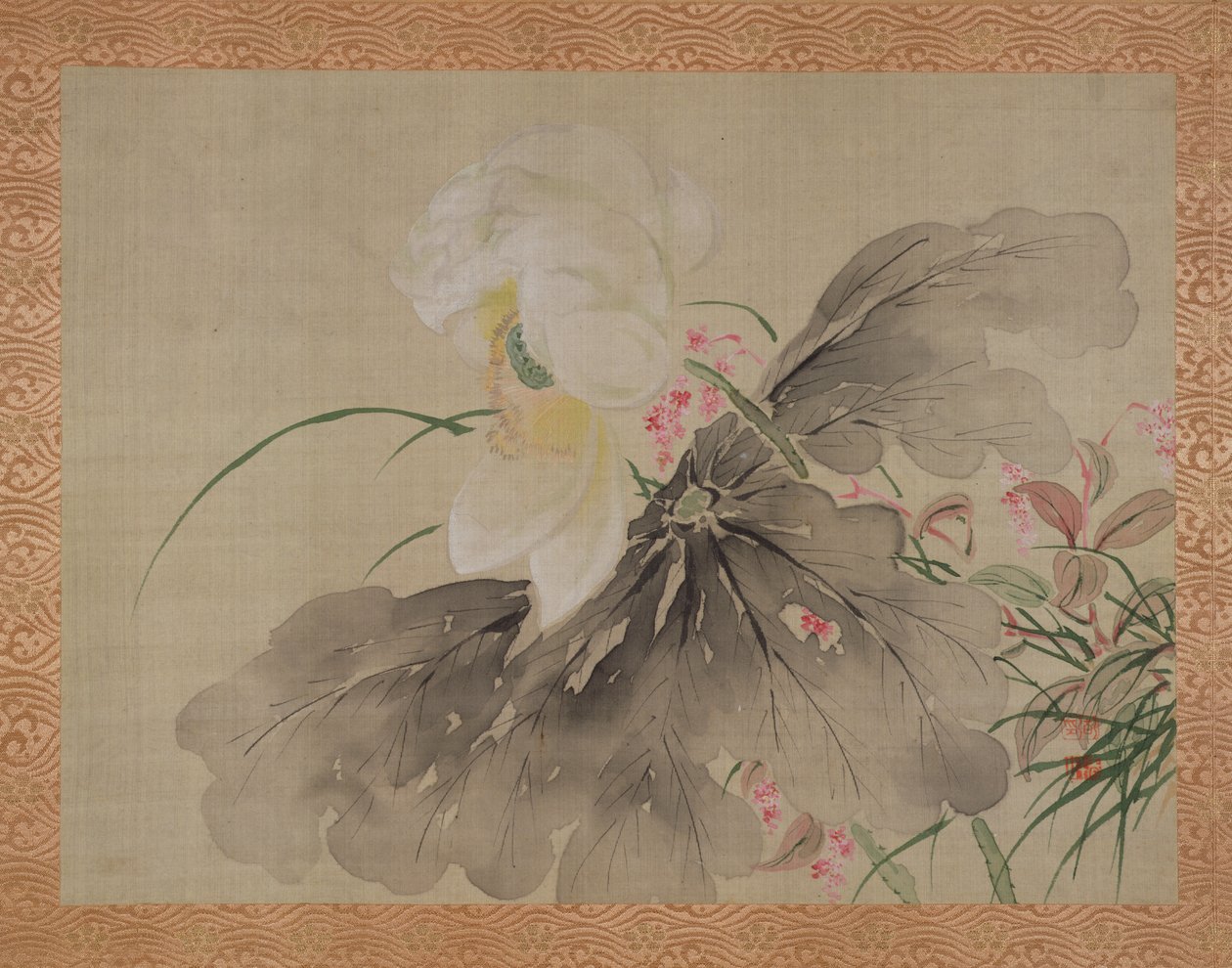 Bazsarózsafa és japán rákalmafa virággal, 1851 (akvarell, selyem) alkotó: Tsubaki Chinzan