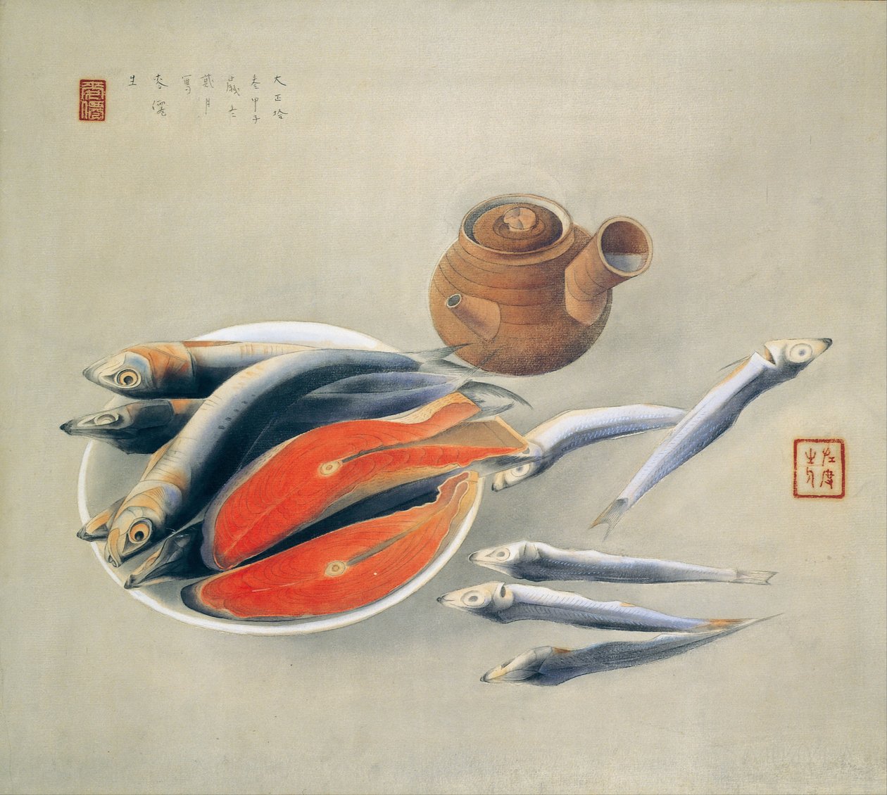 Csendélet. Lazacszeletek és szardínia, 1924 alkotó: Tsuchida Bakusen