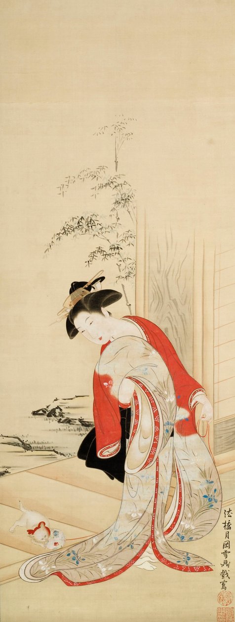 Gyönyörű nő macskával játszik alkotó: Tsukioka Masanobu Settei