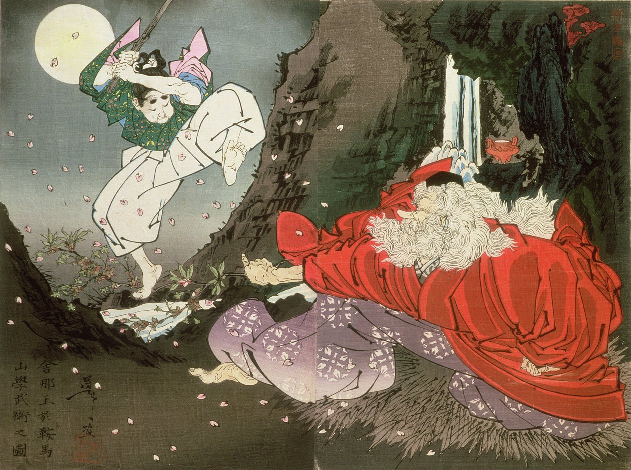 Yoshitsune és a Tengu király, (színes fatömb nyomat) alkotó: Tsukioka Yoshitoshi