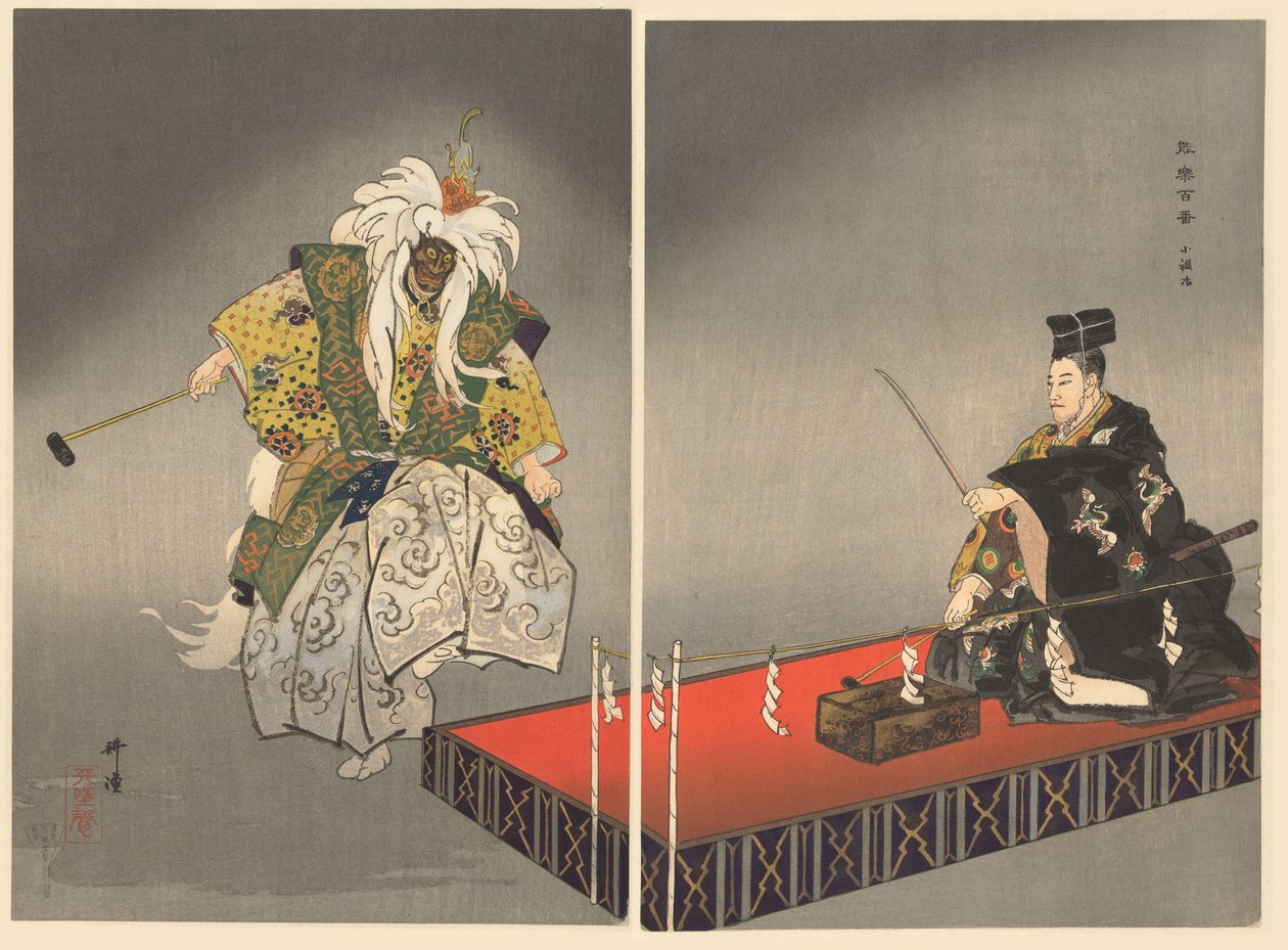 A Noh színház szereplői a Kokajit játsszák Kokaki (cím a tárgyon) Játssz a Hundred Noh-t (sorozat címe) Nogaku hyakuban (sorozat címe) alkotó: Tsukioka Kogyo