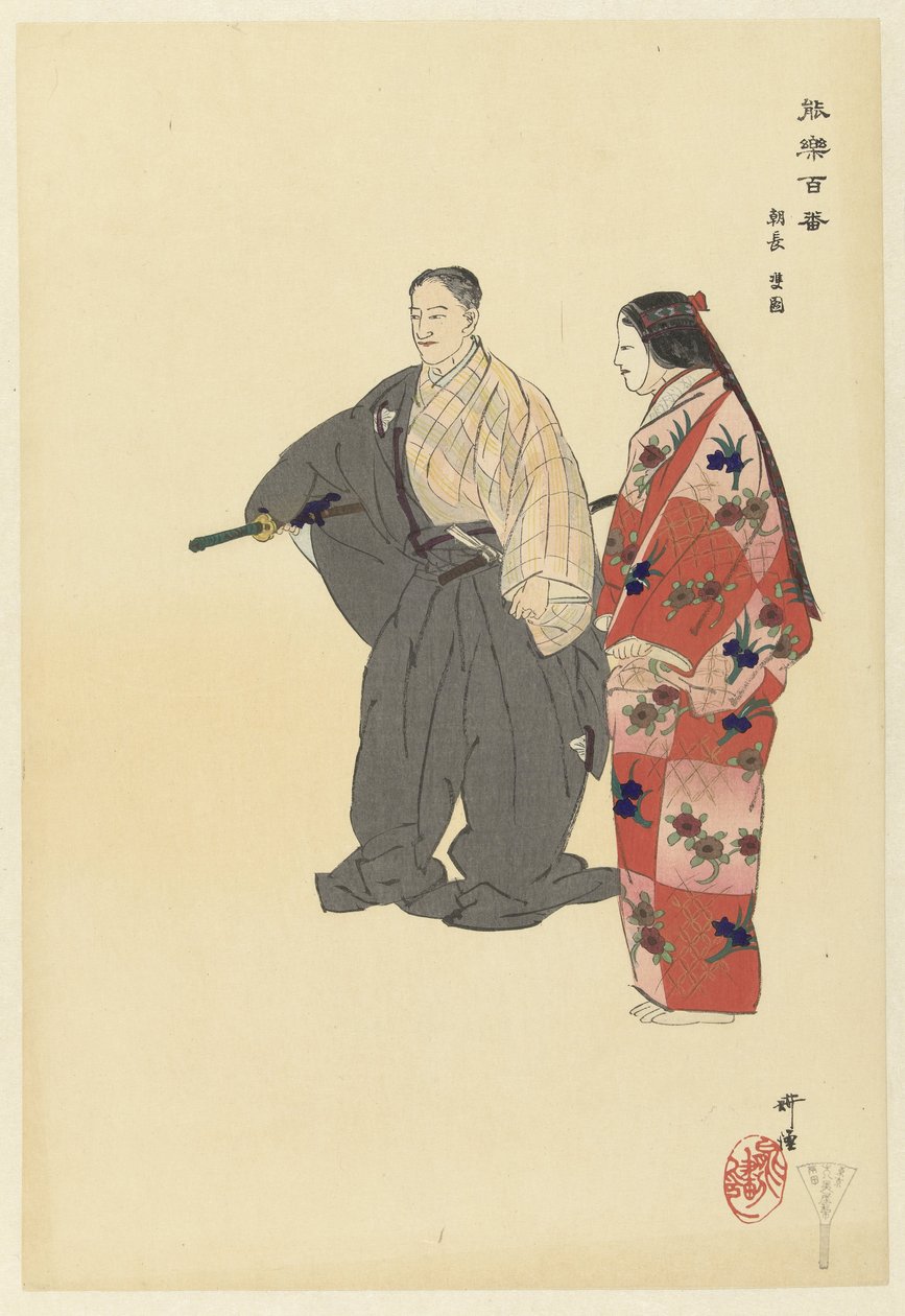 A Noh színészei Tomonagát játsszák Tomonaga (cím az objektumon) 100 Noh lejátszása (sorozat címe) Nogaku hyakuban (sorozat címe az objektumon) alkotó: Tsukioka Kogyo