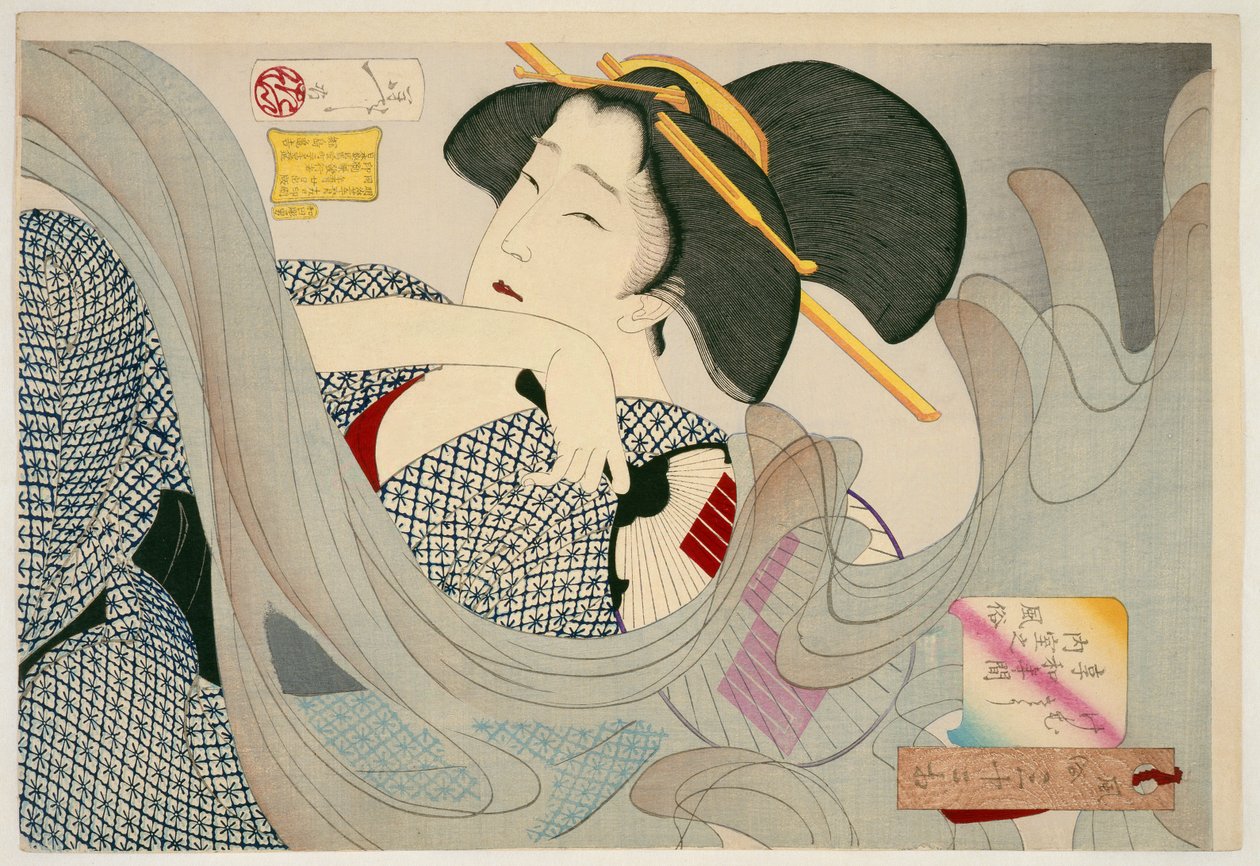 Füstösnek tűnik. A Kyowa korszak háziasszonya Kemuso Kyowa nenkan naishitsu no fuzoku, 1880 (fametszet) alkotó: Tsukioka Yoshitoshi