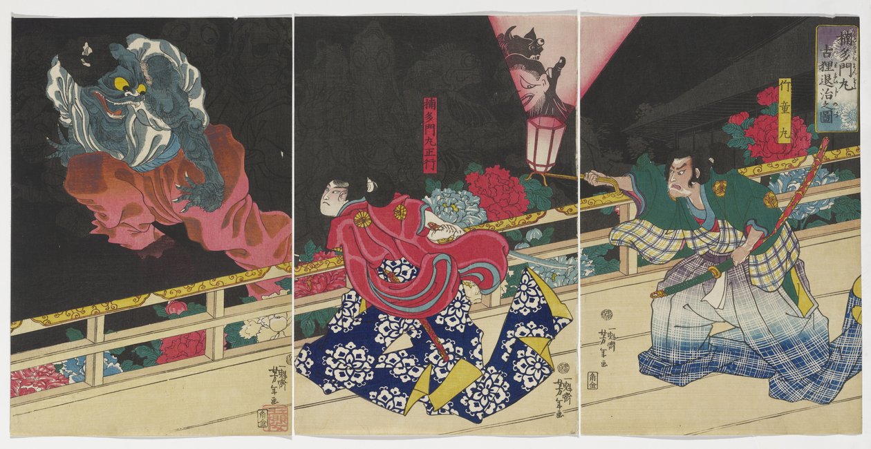 Kusunoki Tamonmaru képe meghódítani az öreg borzot, 1860 alkotó: Tsukioka Yoshitoshi