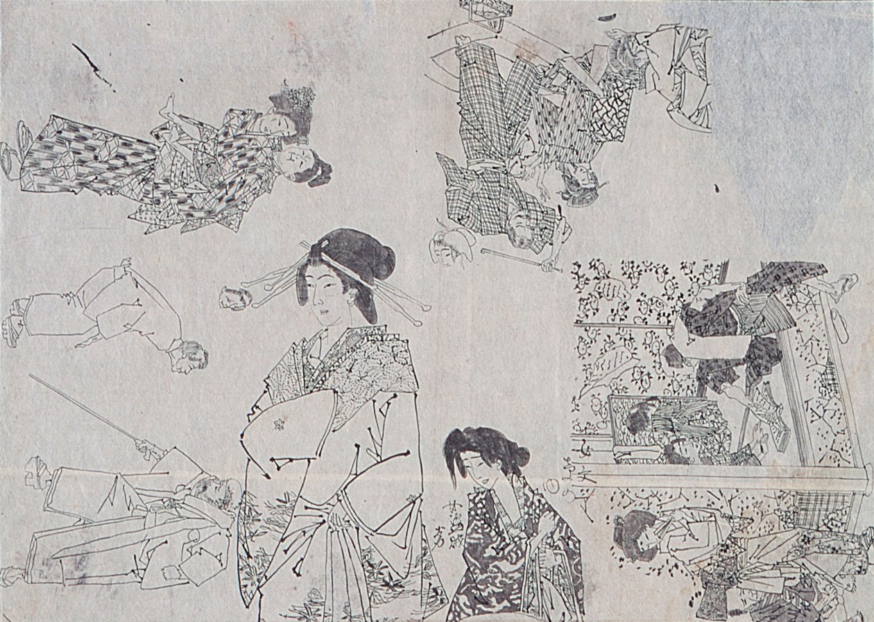 Előkészítő rajzok melodrámák illusztrációihoz alkotó: Tsukioka Yoshitoshi