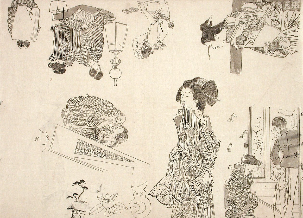 Előkészítő rajzok melodrámák illusztrációihoz alkotó: Tsukioka Yoshitoshi