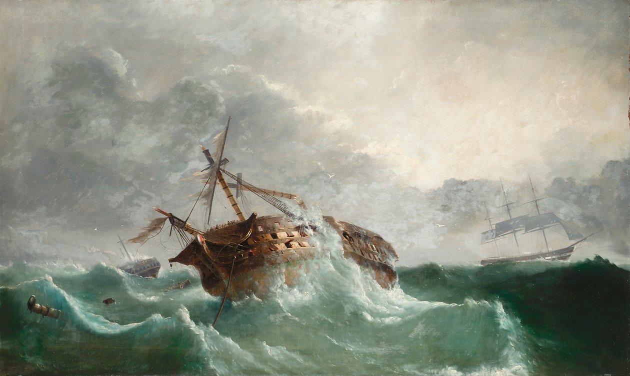 A francia Droits de L"Homme elvesztése, 1798. január 14-én Ushant mellett csapatok partraszállási kísérlete után az írországi Bantry-öbölben, 1850-60 körül alkotó: Tudgay Family