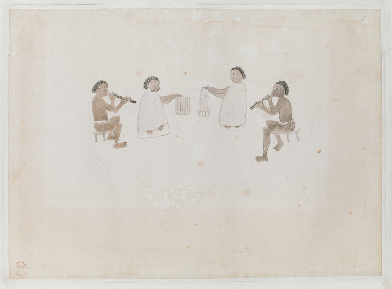 Add hozzá az MS 15508 f.11 Tahiti zenészei, 1770. június (akvarell papíron) alkotó: Tupaia Tupaia